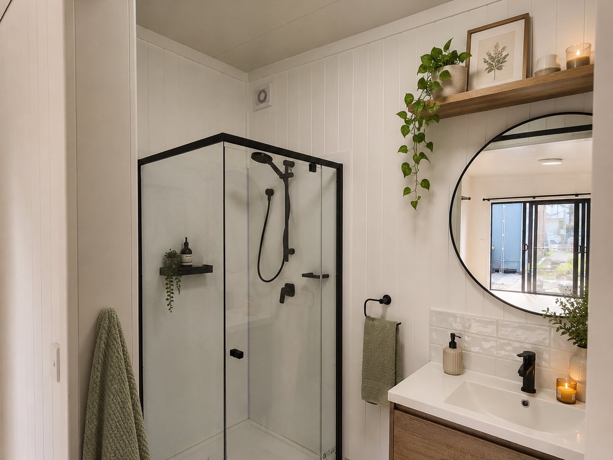 Modern bathroom with black fixtures