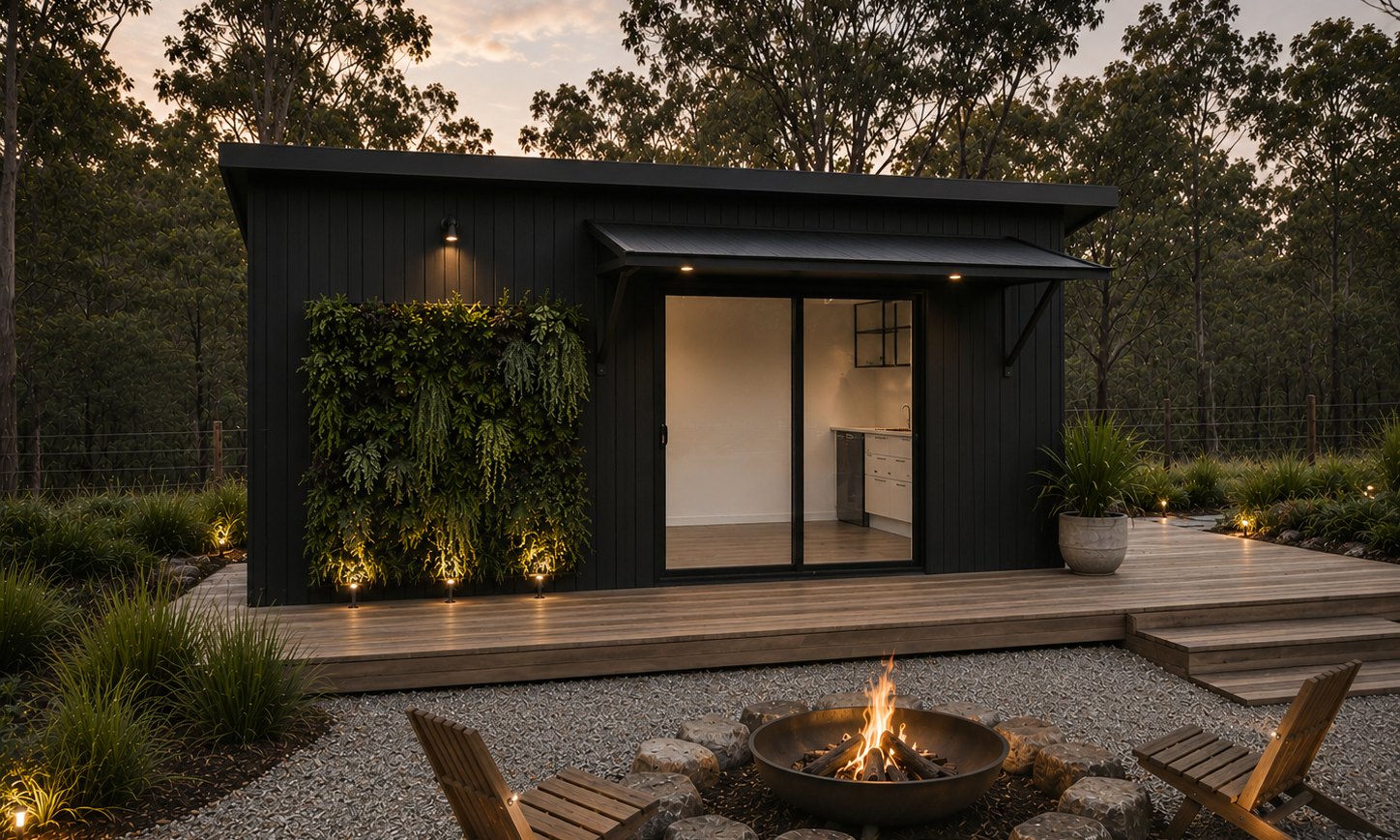 A finished Nest tiny home on a bush block at dusk